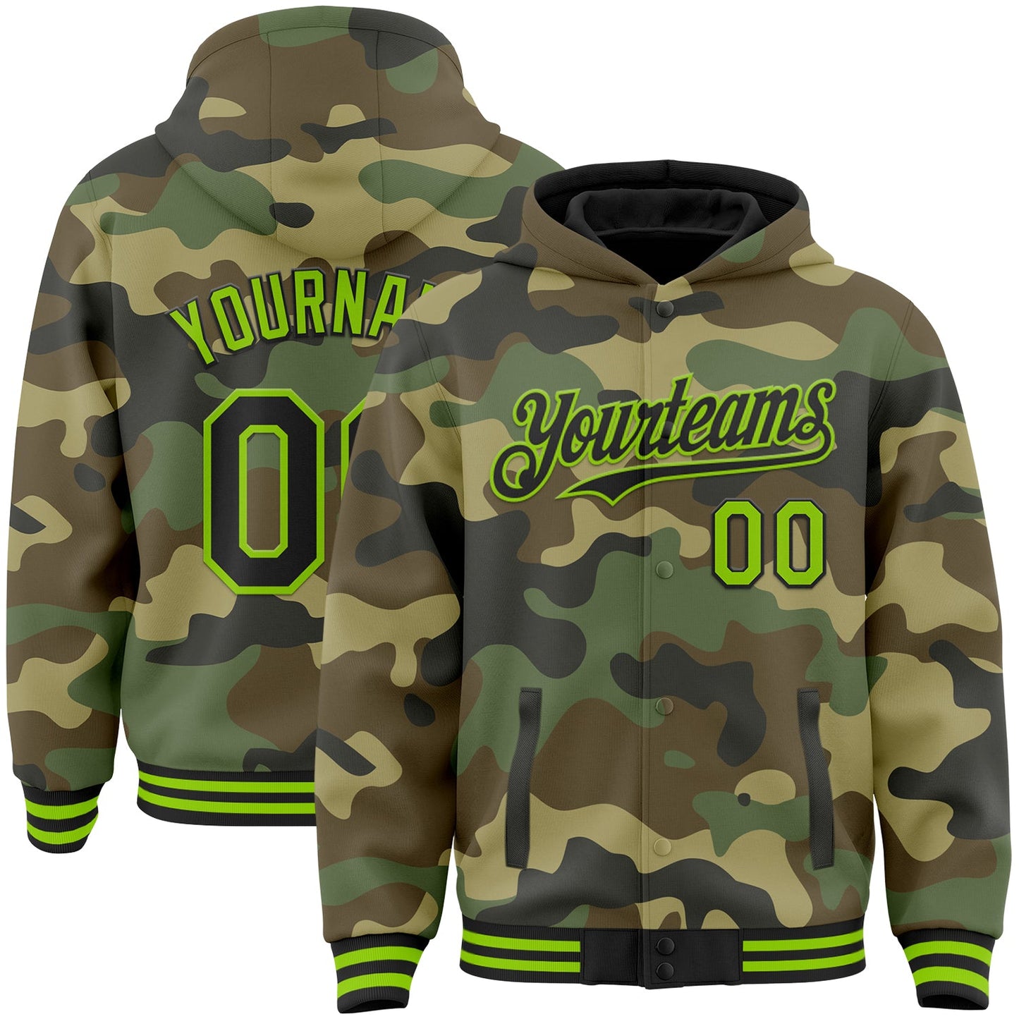 Custom Camo Black-Neon Green Bomber Full-Snap Varsity Letterman Salute To Service Hoodie Jacket - Main View