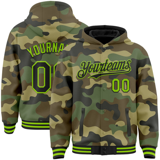 Custom Camo Black-Neon Green Bomber Full-Snap Varsity Letterman Salute To Service Hoodie Jacket - Main View