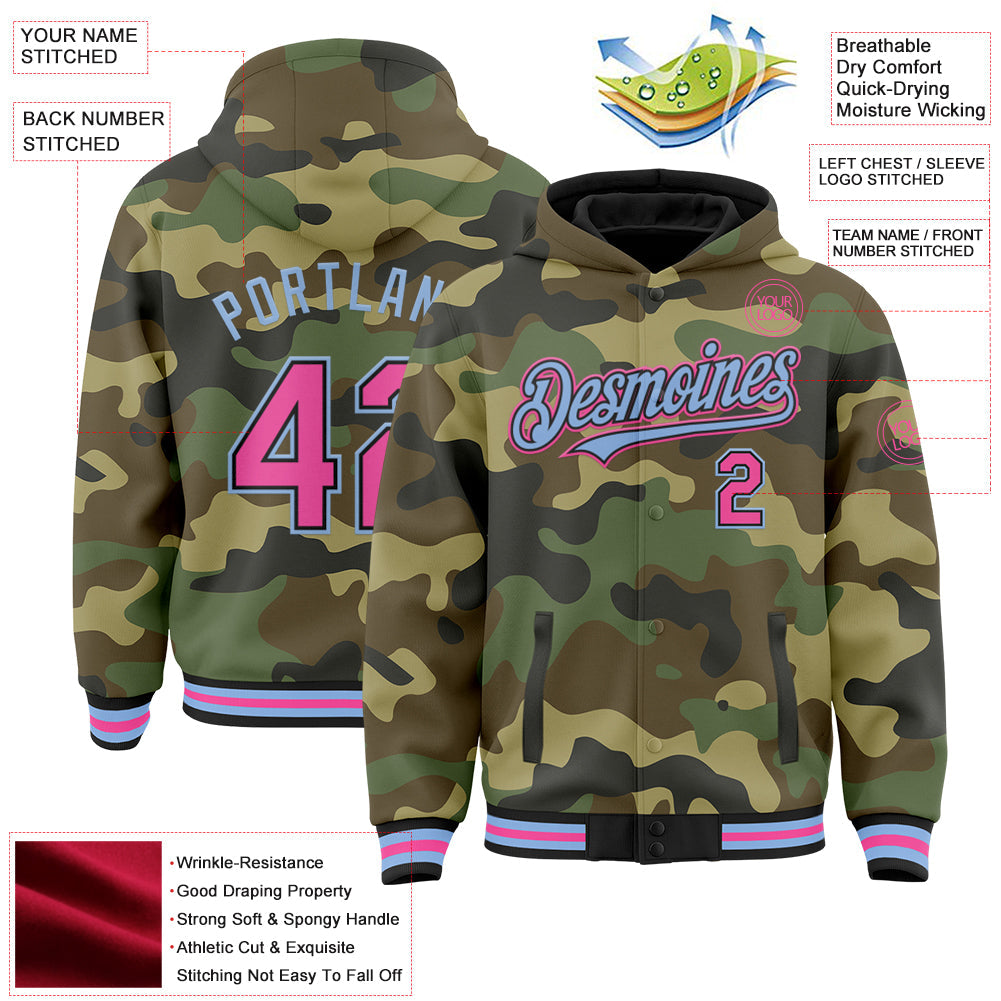 Custom Camo Pink Black-Light Blue Bomber Full-Snap Varsity Letterman Salute To Service Hoodie Jacket view 3