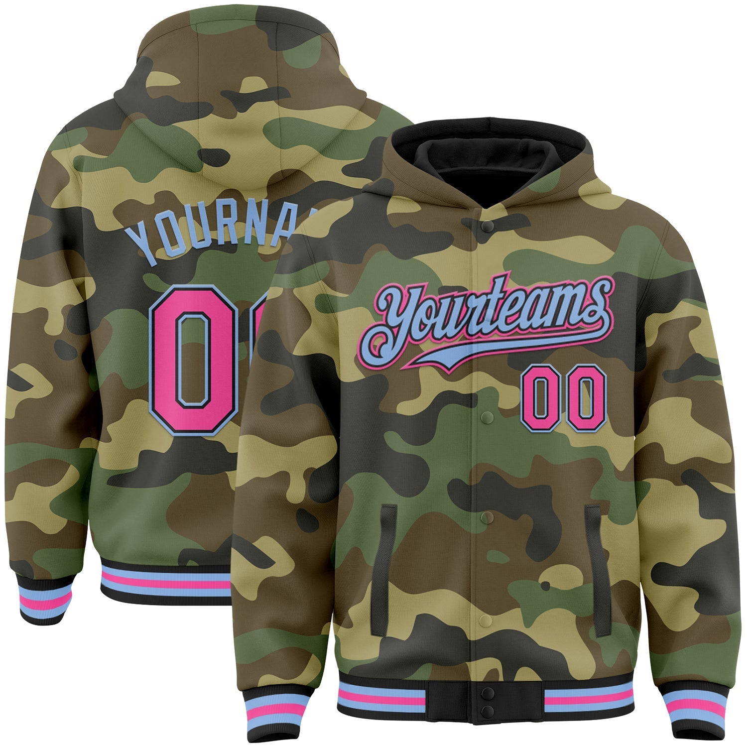 Custom Camo Pink Black-Light Blue Bomber Full-Snap Varsity Letterman Salute To Service Hoodie Jacket - Main View