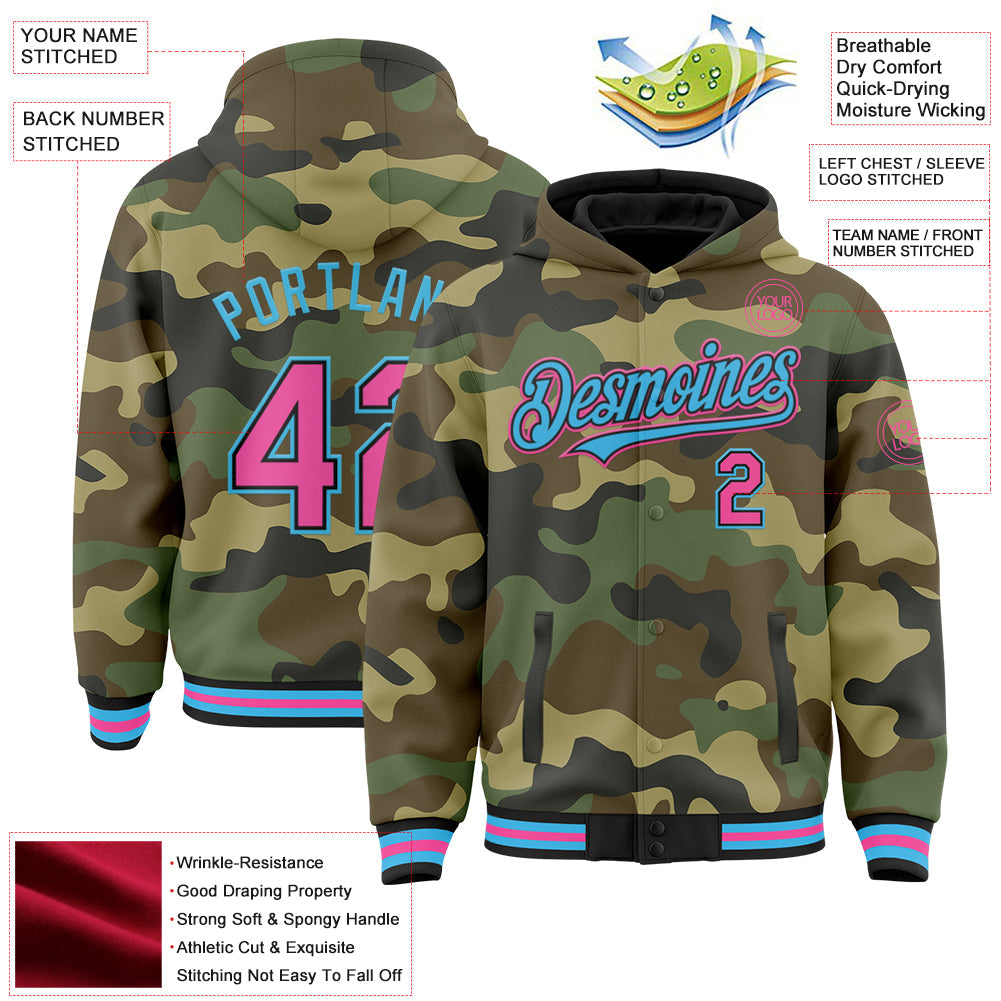 Custom Camo Pink Black-Sky Blue Bomber Full-Snap Varsity Letterman Salute To Service Hoodie Jacket view 3
