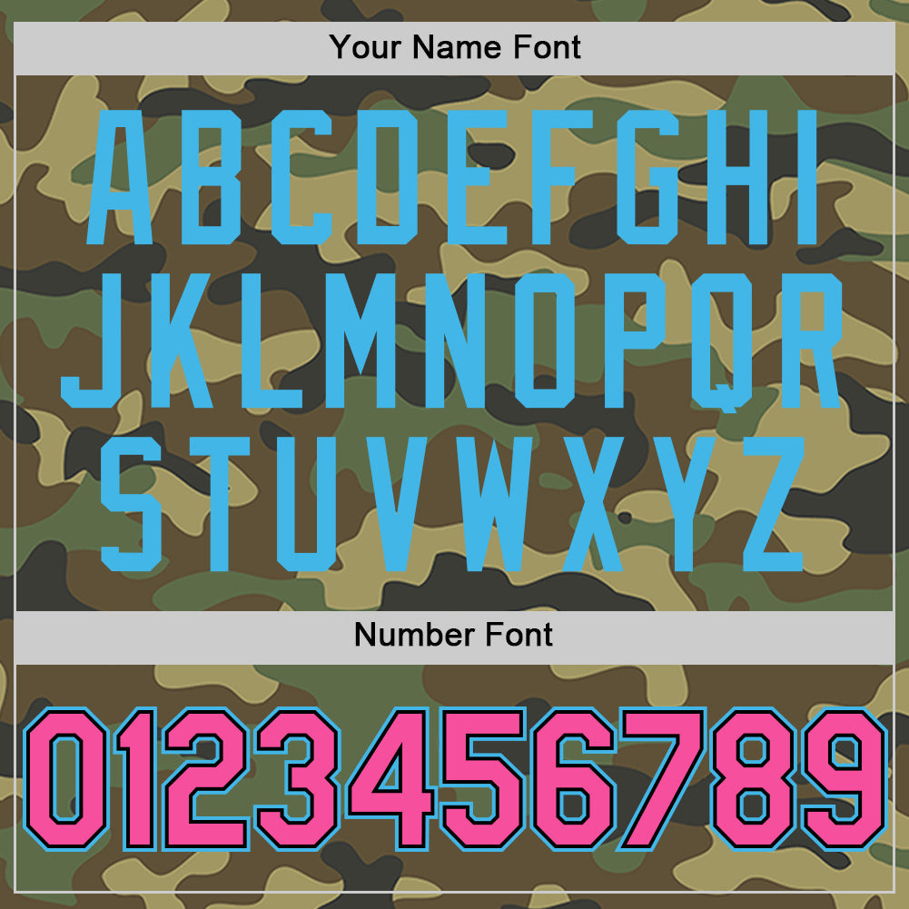 Custom Camo Pink Black-Sky Blue Bomber Full-Snap Varsity Letterman Salute To Service Hoodie Jacket view 5