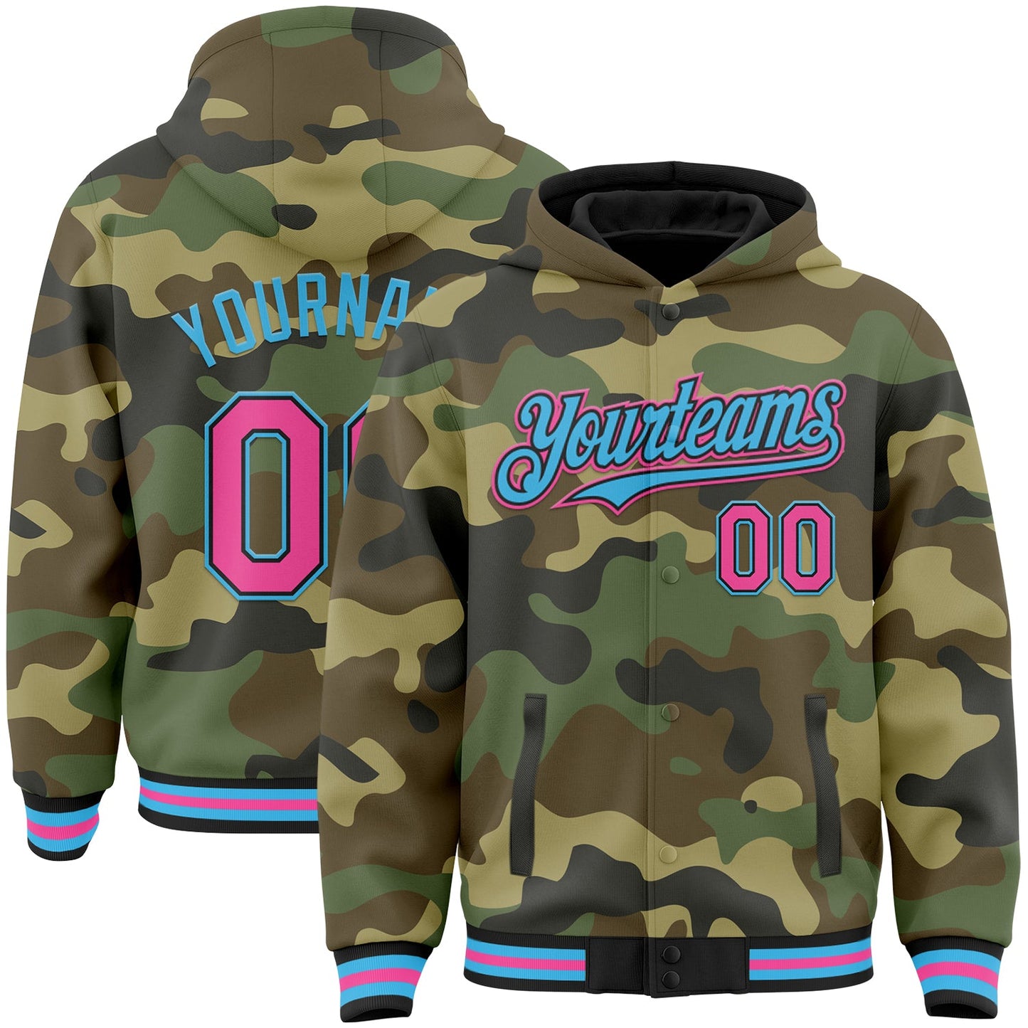 Custom Camo Pink Black-Sky Blue Bomber Full-Snap Varsity Letterman Salute To Service Hoodie Jacket - Main View