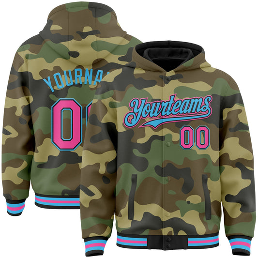 Custom Camo Pink Black-Sky Blue Bomber Full-Snap Varsity Letterman Salute To Service Hoodie Jacket - Main View