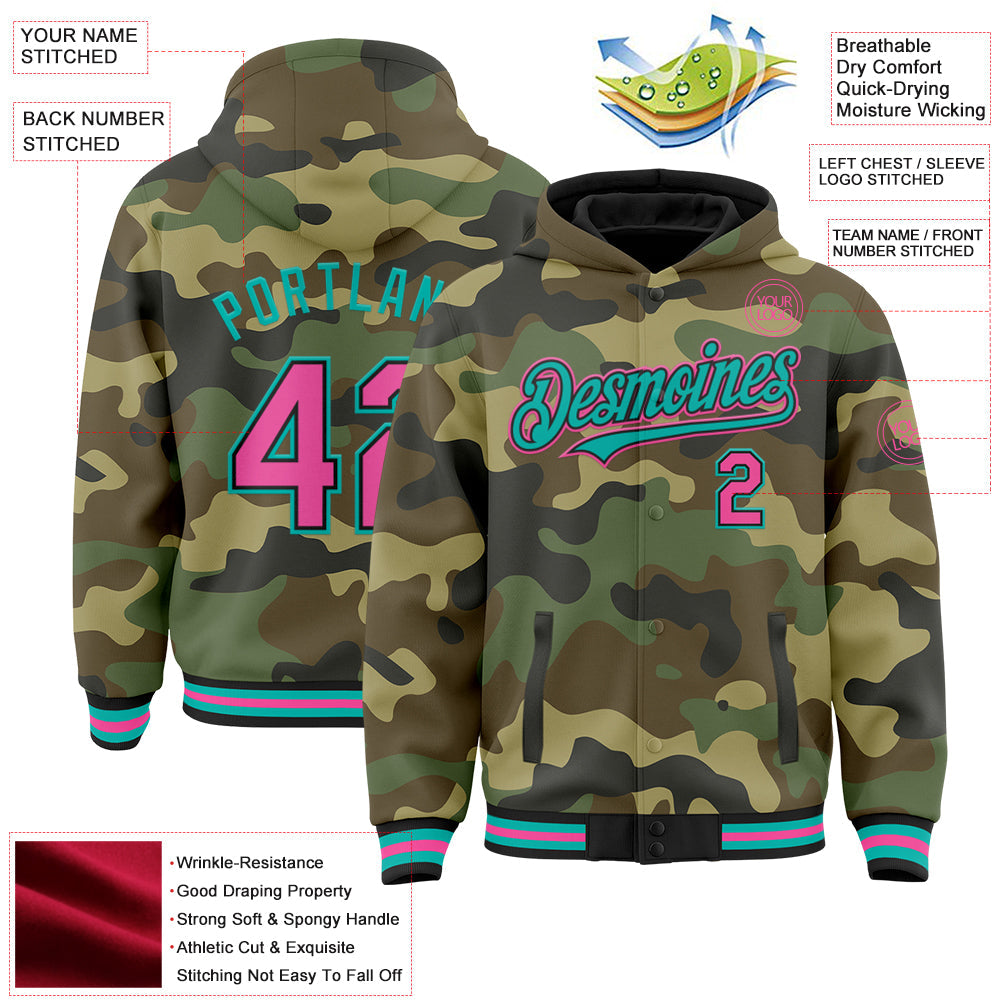 Custom Camo Pink Black-Aqua Bomber Full-Snap Varsity Letterman Salute To Service Hoodie Jacket view 3