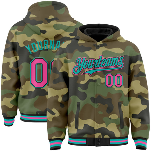 Custom Camo Pink Black-Aqua Bomber Full-Snap Varsity Letterman Salute To Service Hoodie Jacket - Main View