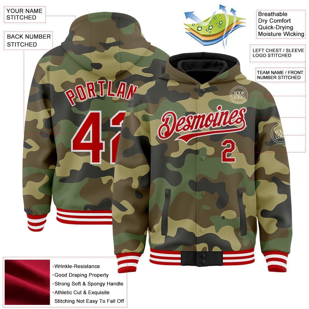 Custom Camo Red-White Bomber Full-Snap Varsity Letterman Salute To Service Hoodie Jacket view 3