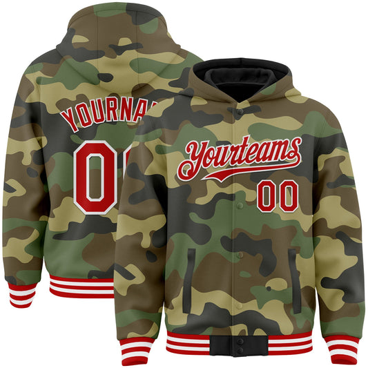 Custom Camo Red-White Bomber Full-Snap Varsity Letterman Salute To Service Hoodie Jacket - Main View