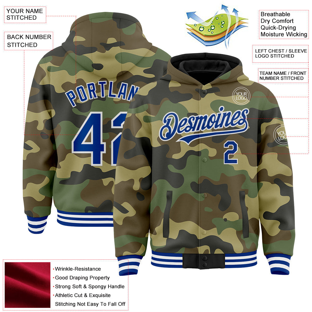 Custom Camo Royal-White Bomber Full-Snap Varsity Letterman Salute To Service Hoodie Jacket view 3