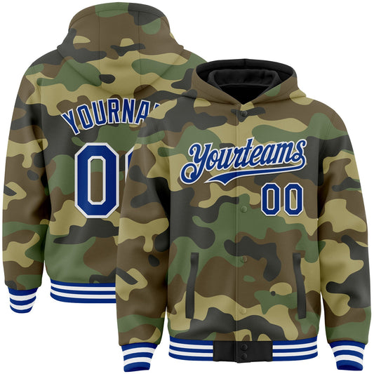 Custom Camo Royal-White Bomber Full-Snap Varsity Letterman Salute To Service Hoodie Jacket - Main View