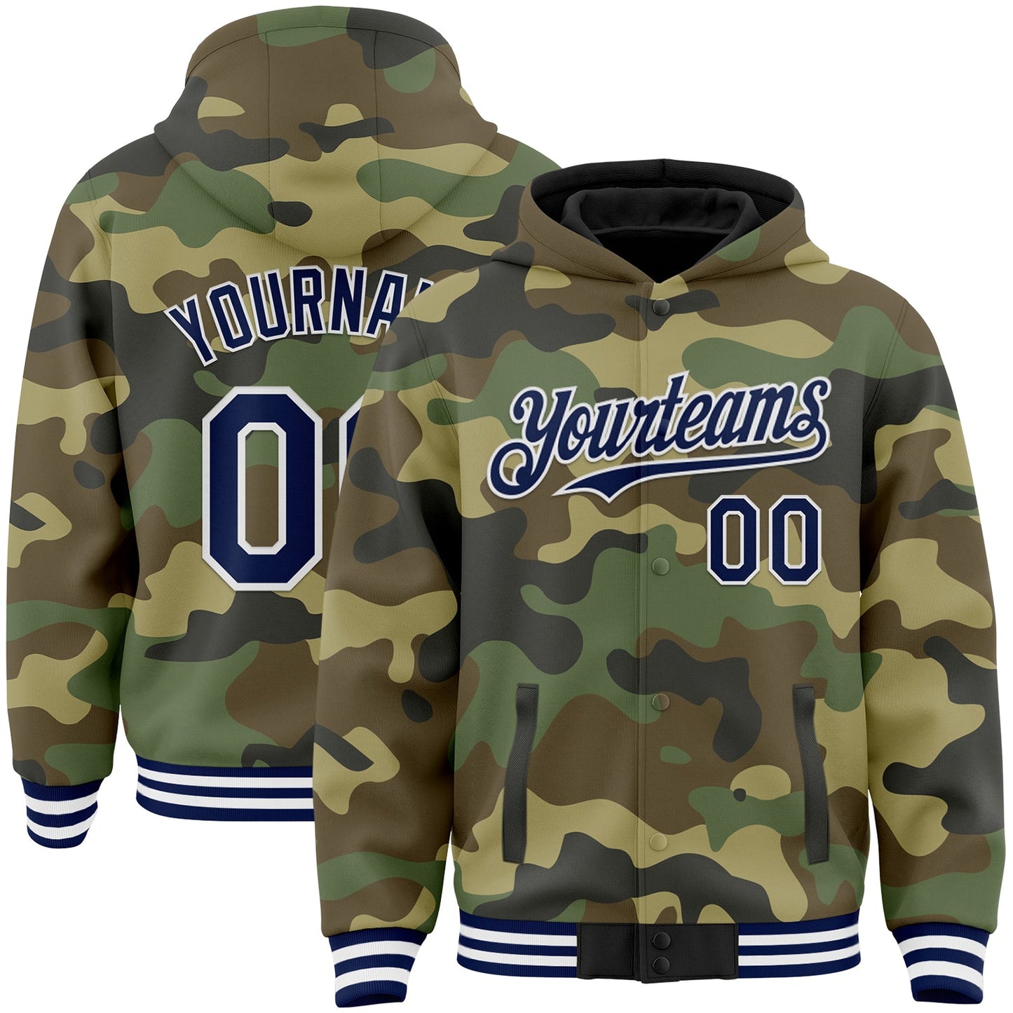 Custom Camo Navy-White Bomber Full-Snap Varsity Letterman Salute To Service Hoodie Jacket - Main View
