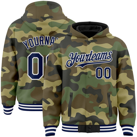 Custom Camo Navy-White Bomber Full-Snap Varsity Letterman Salute To Service Hoodie Jacket - Main View