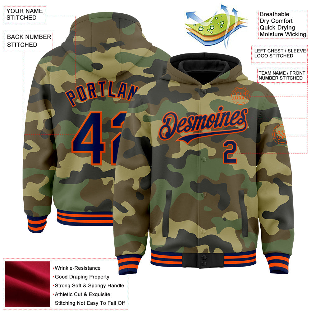 Custom Camo Navy-Orange Bomber Full-Snap Varsity Letterman Salute To Service Hoodie Jacket view 3