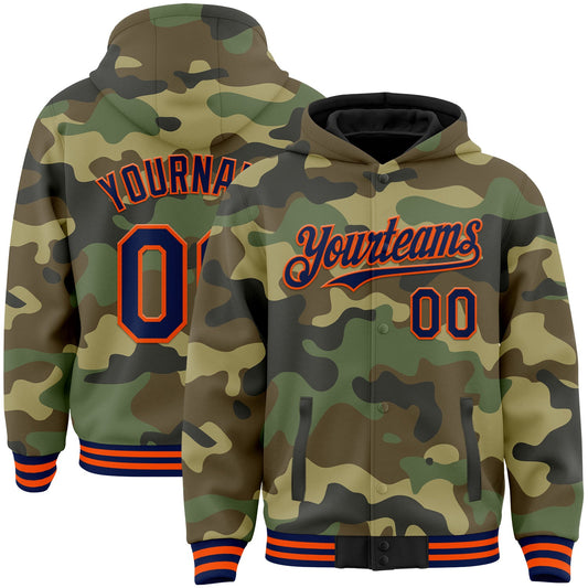 Custom Camo Navy-Orange Bomber Full-Snap Varsity Letterman Salute To Service Hoodie Jacket - Main View
