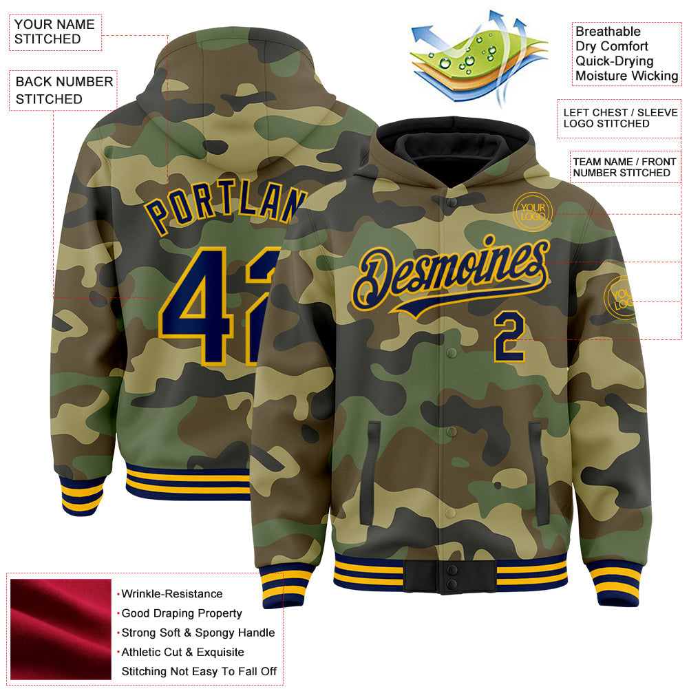 Custom Camo Navy-Gold Bomber Full-Snap Varsity Letterman Salute To Service Hoodie Jacket view 3