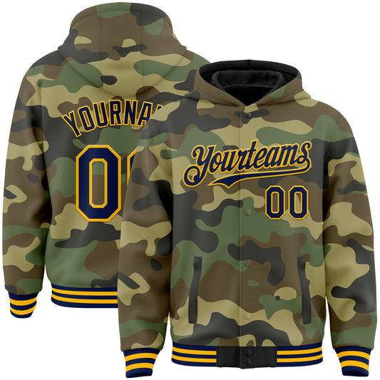 Custom Camo Navy-Gold Bomber Full-Snap Varsity Letterman Salute To Service Hoodie Jacket - Main View