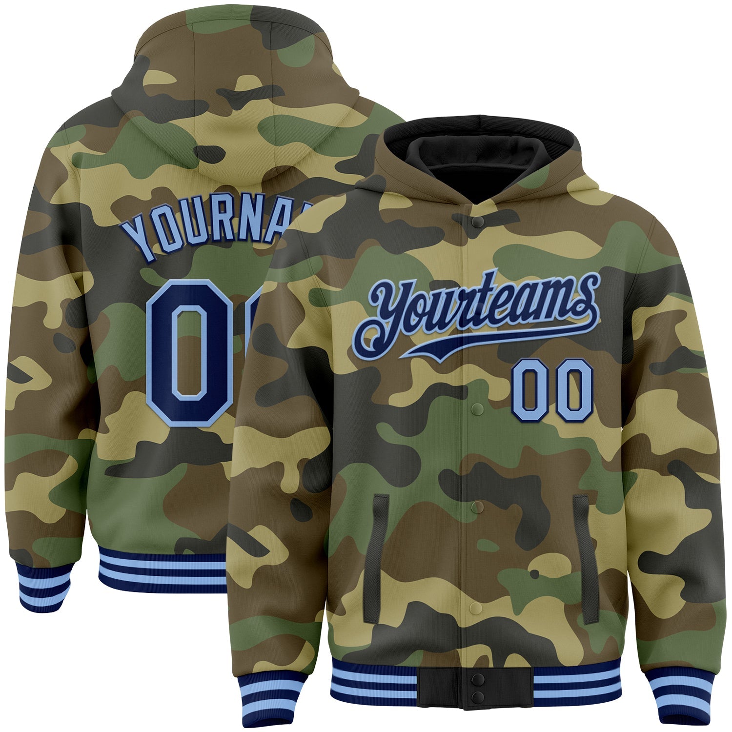 Custom Camo Navy-Light Blue Bomber Full-Snap Varsity Letterman Salute To Service Hoodie Jacket - Main View