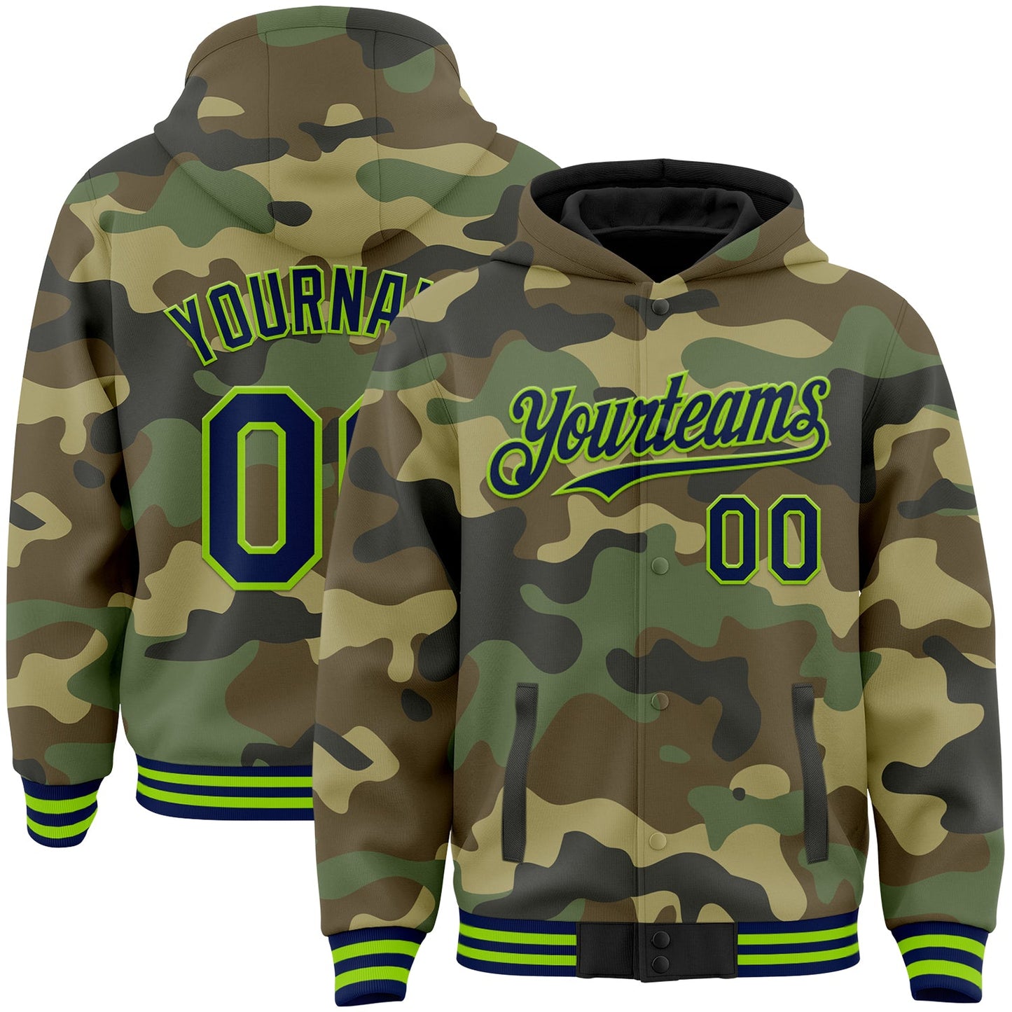 Custom Camo Navy-Neon Green Bomber Full-Snap Varsity Letterman Salute To Service Hoodie Jacket - Main View