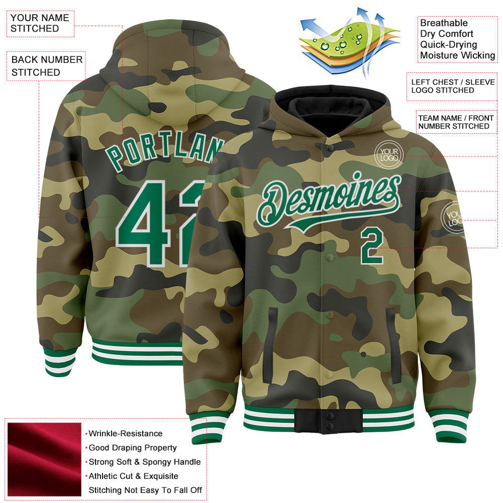 Custom Camo Kelly Green-White Bomber Full-Snap Varsity Letterman Salute To Service Hoodie Jacket view 3