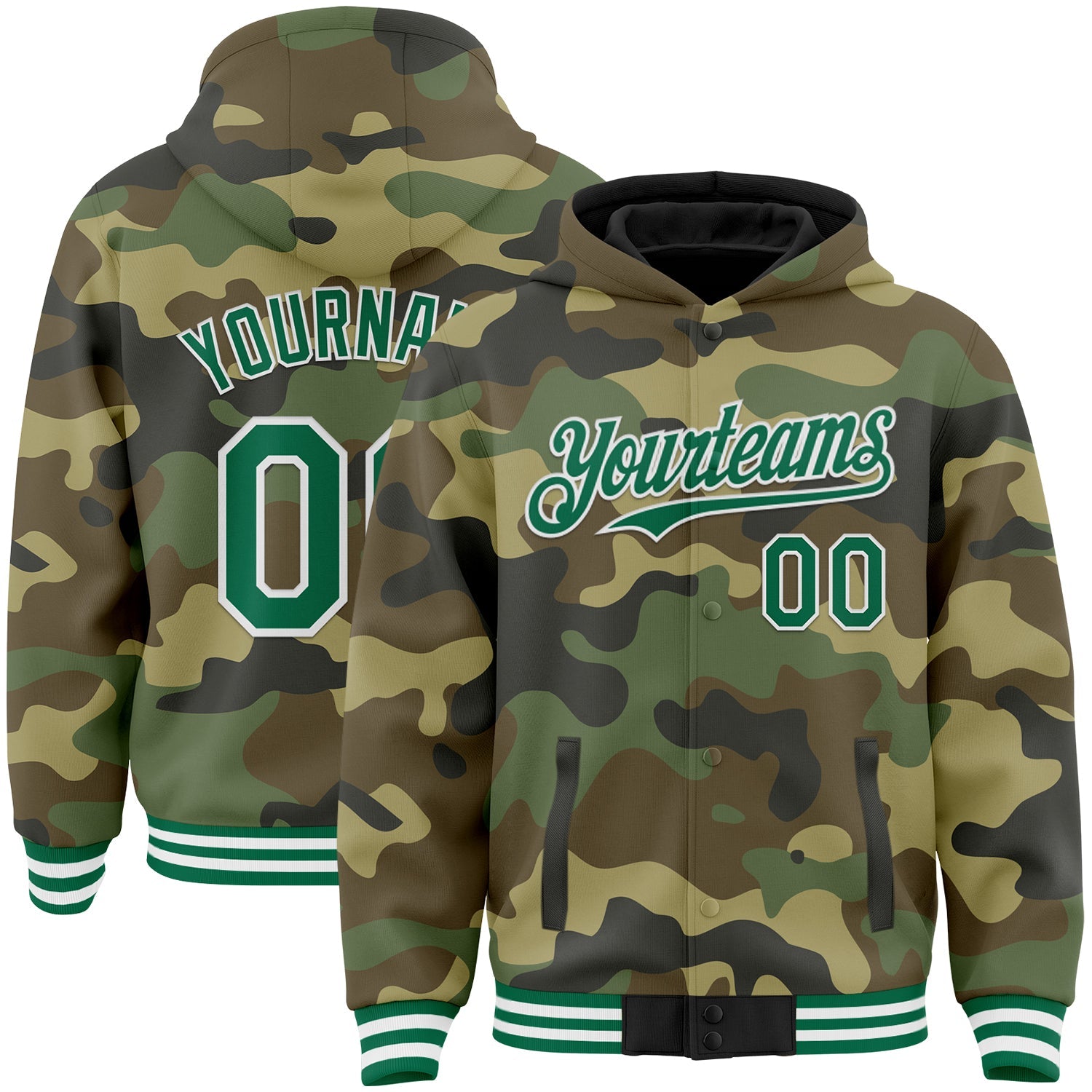 Custom Camo Kelly Green-White Bomber Full-Snap Varsity Letterman Salute To Service Hoodie Jacket - Main View