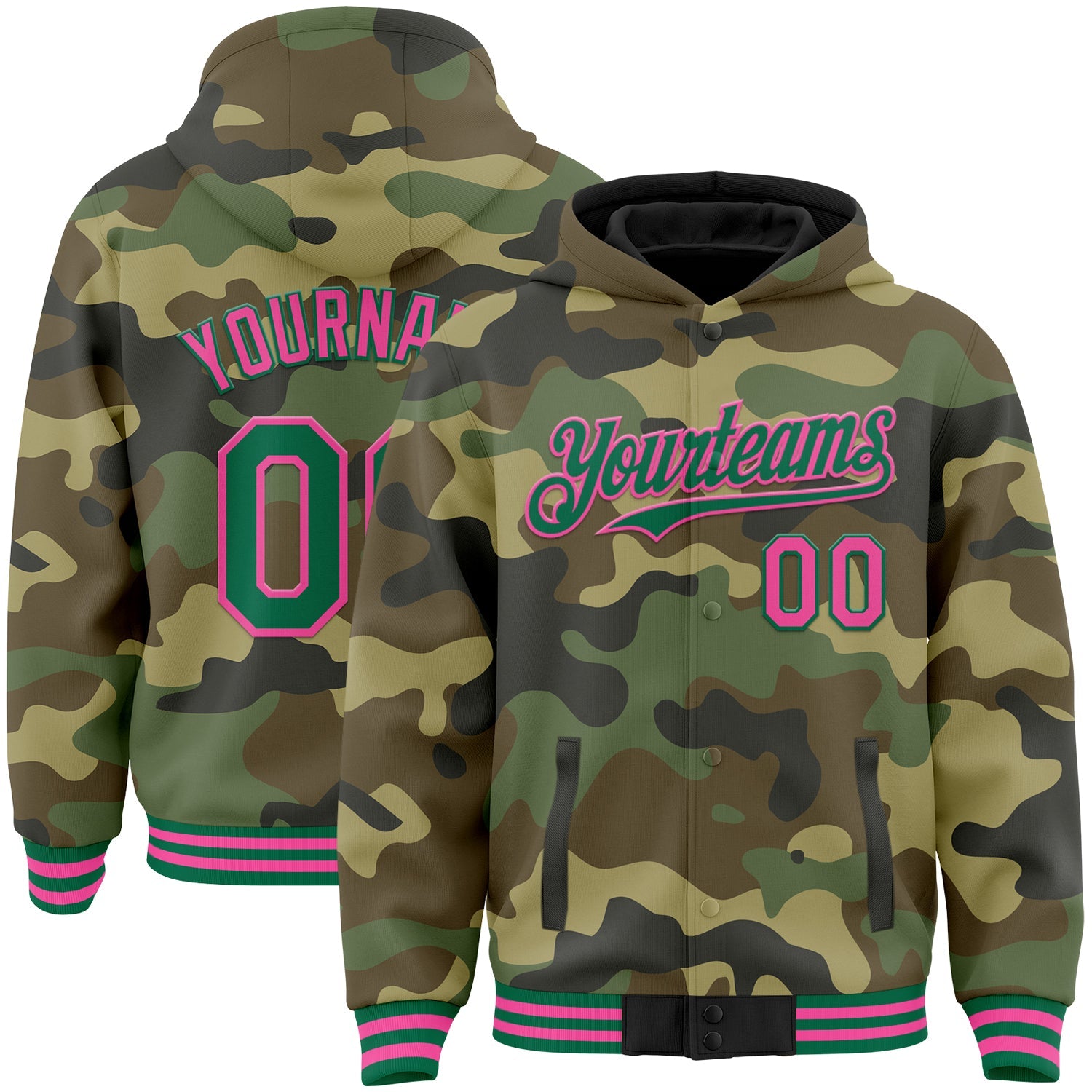 Custom Camo Kelly Green-Pink Bomber Full-Snap Varsity Letterman Salute To Service Hoodie Jacket - Main View