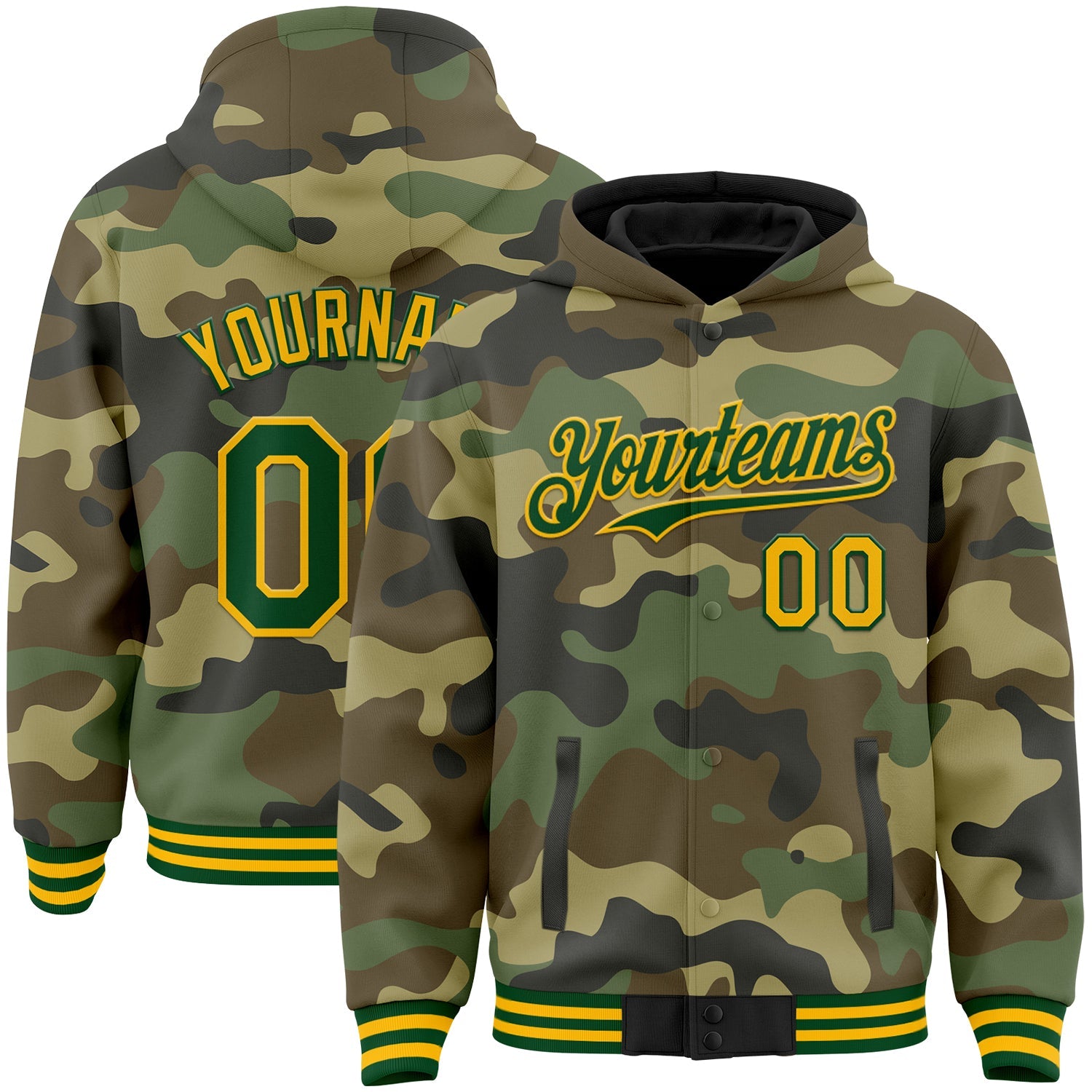 Custom Camo Green-Gold Bomber Full-Snap Varsity Letterman Salute To Service Hoodie Jacket - Main View