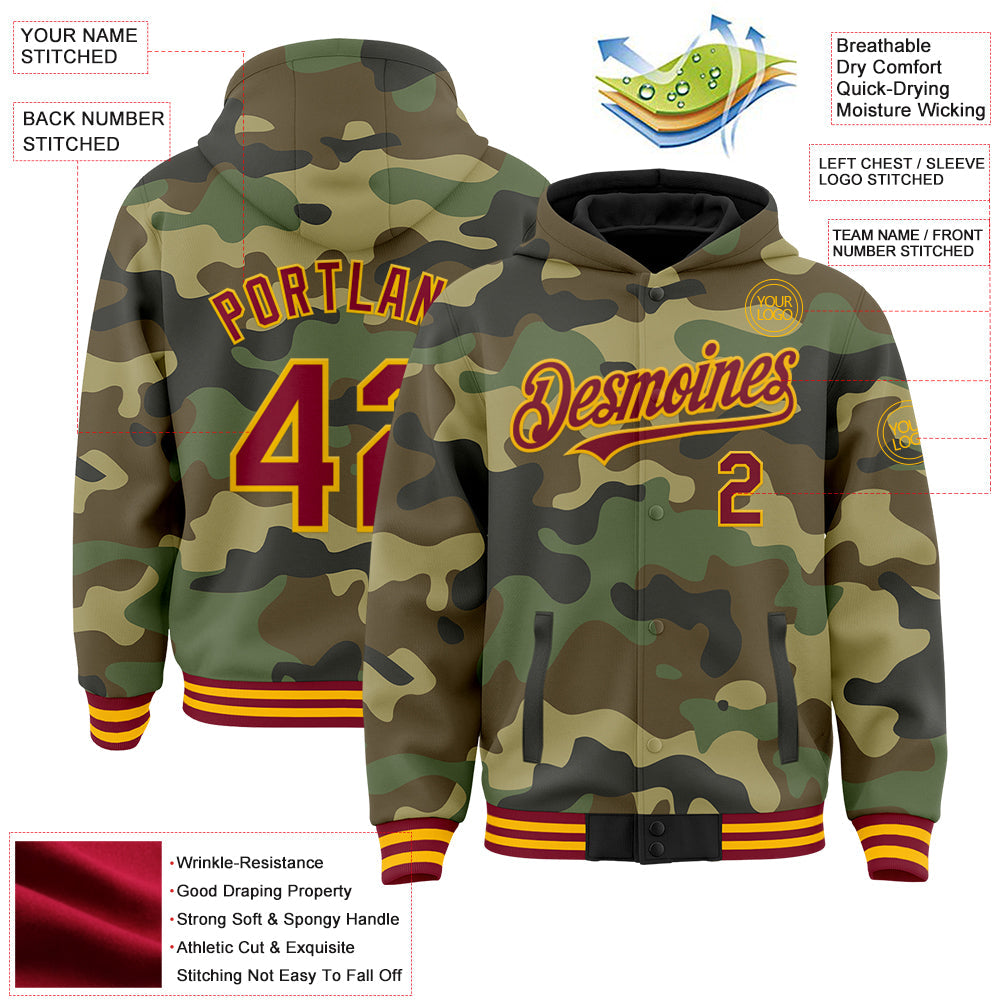 Custom Camo Crimson-Gold Bomber Full-Snap Varsity Letterman Salute To Service Hoodie Jacket view 3