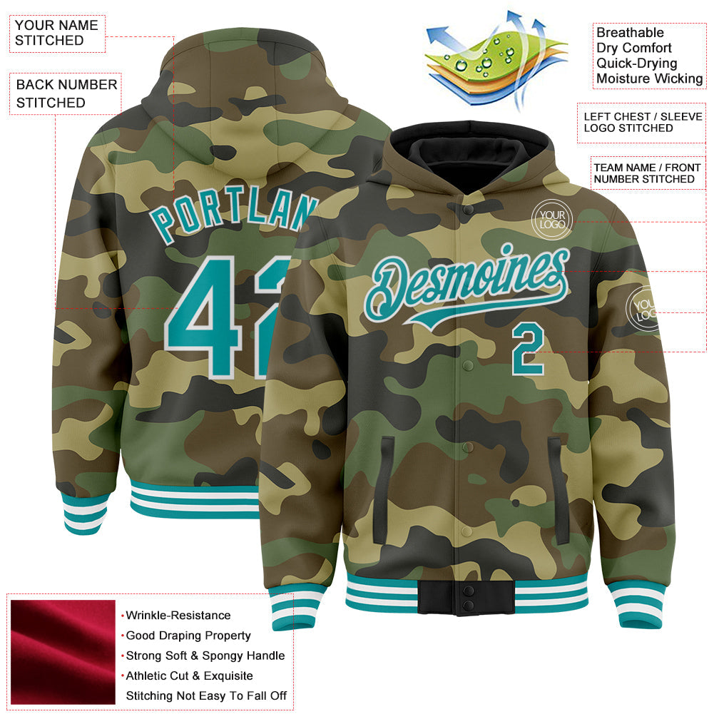 Custom Camo Teal-White Bomber Full-Snap Varsity Letterman Salute To Service Hoodie Jacket view 3