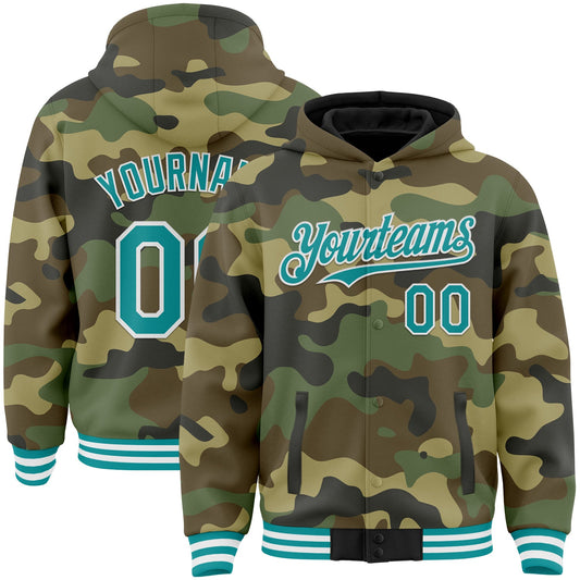 Custom Camo Teal-White Bomber Full-Snap Varsity Letterman Salute To Service Hoodie Jacket - Main View