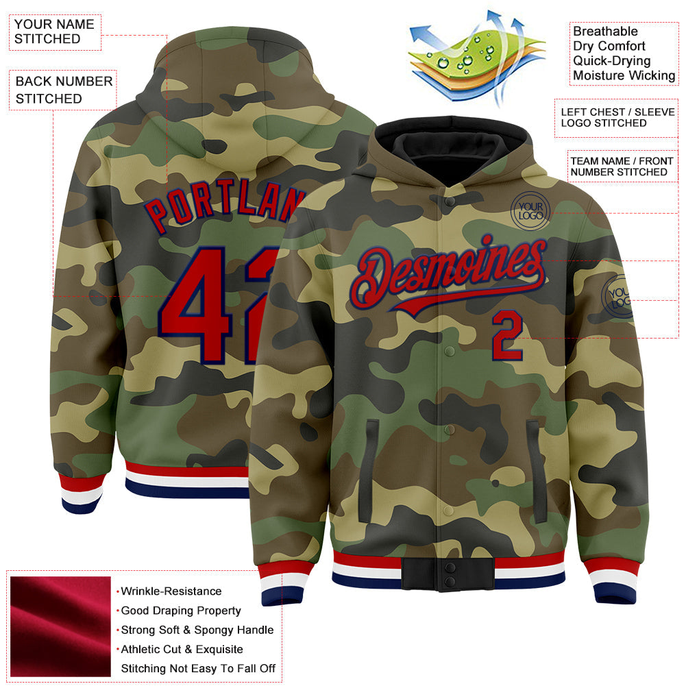 Custom Camo Red-Navy Bomber Full-Snap Varsity Letterman Salute To Service Hoodie Jacket view 3