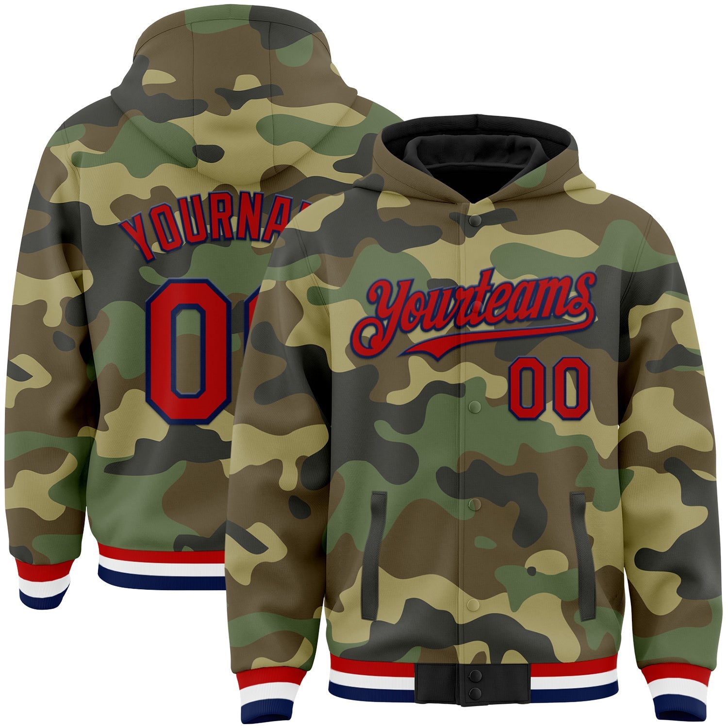 Custom Camo Red-Navy Bomber Full-Snap Varsity Letterman Salute To Service Hoodie Jacket - Main View
