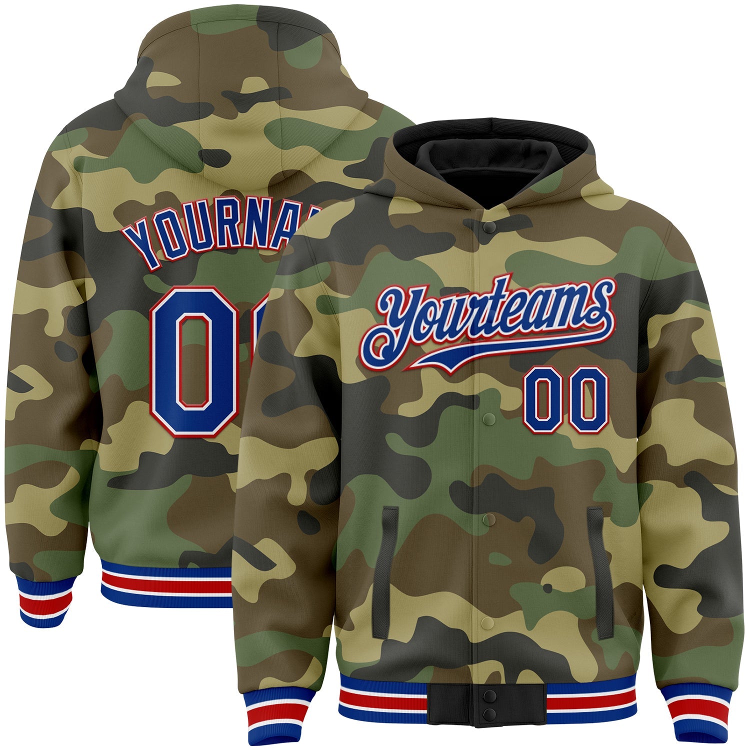 Custom Camo Royal-Red Bomber Full-Snap Varsity Letterman Salute To Service Hoodie Jacket - Main View