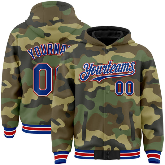 Custom Camo Royal-Red Bomber Full-Snap Varsity Letterman Salute To Service Hoodie Jacket - Main View