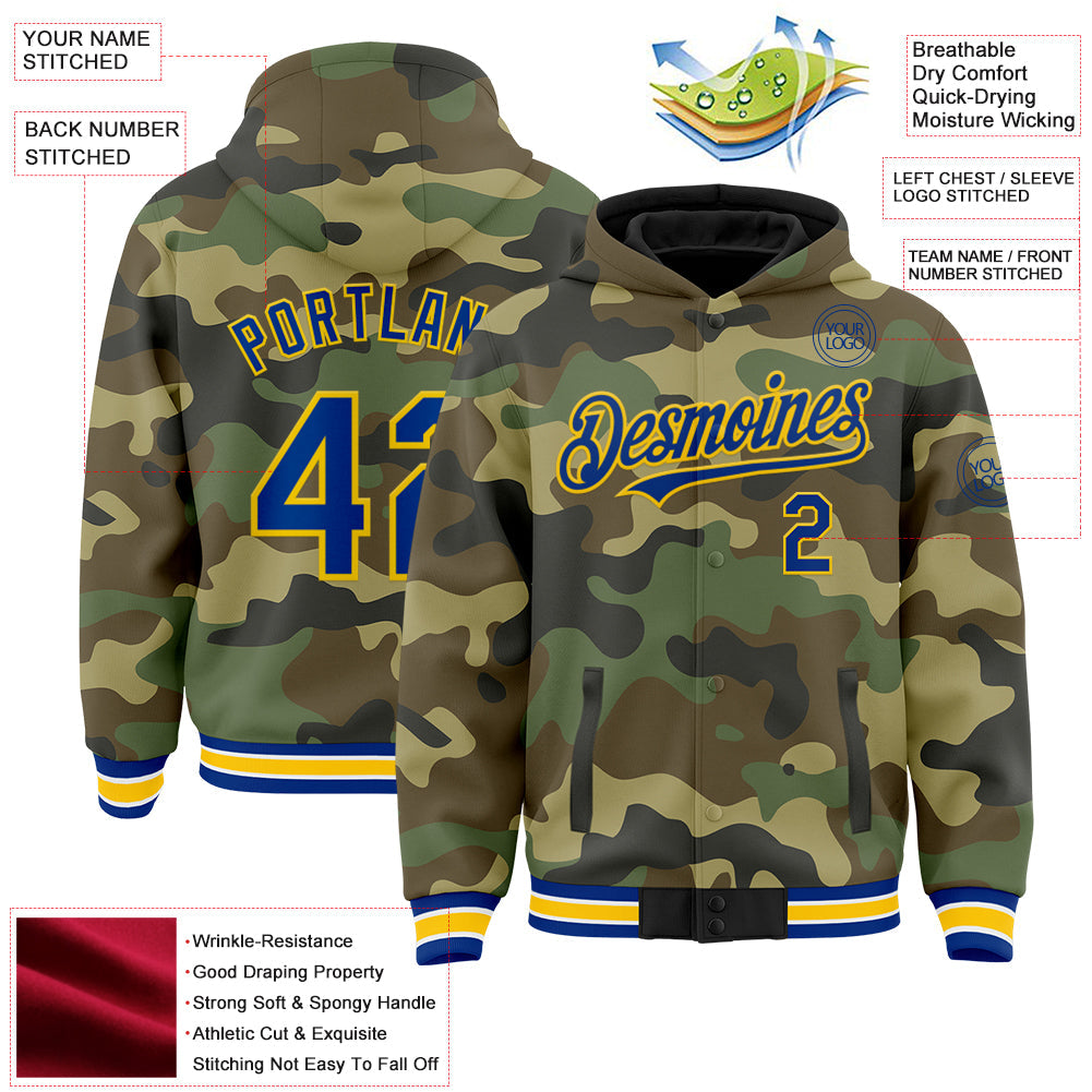 Custom Camo Royal-Yellow Bomber Full-Snap Varsity Letterman Salute To Service Hoodie Jacket view 3