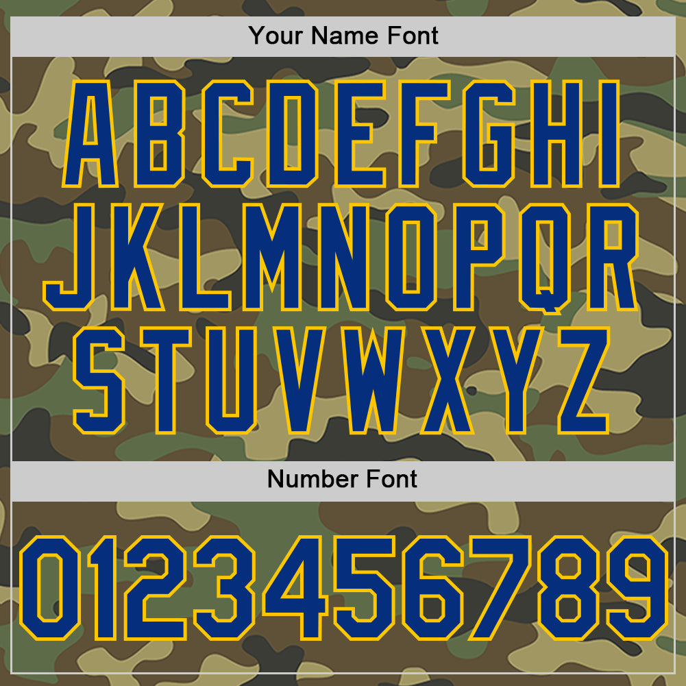 Custom Camo Royal-Yellow Bomber Full-Snap Varsity Letterman Salute To Service Hoodie Jacket view 5