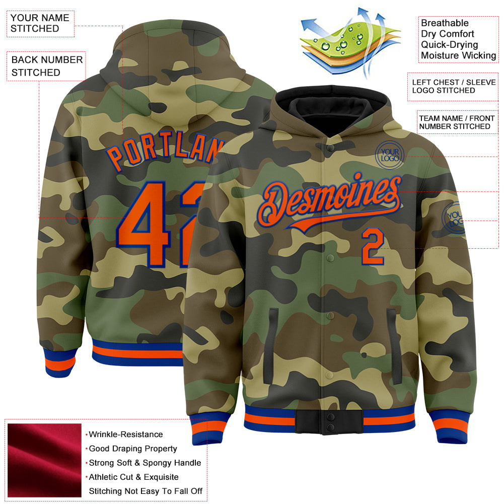Custom Camo Orange-Royal Bomber Full-Snap Varsity Letterman Salute To Service Hoodie Jacket view 3