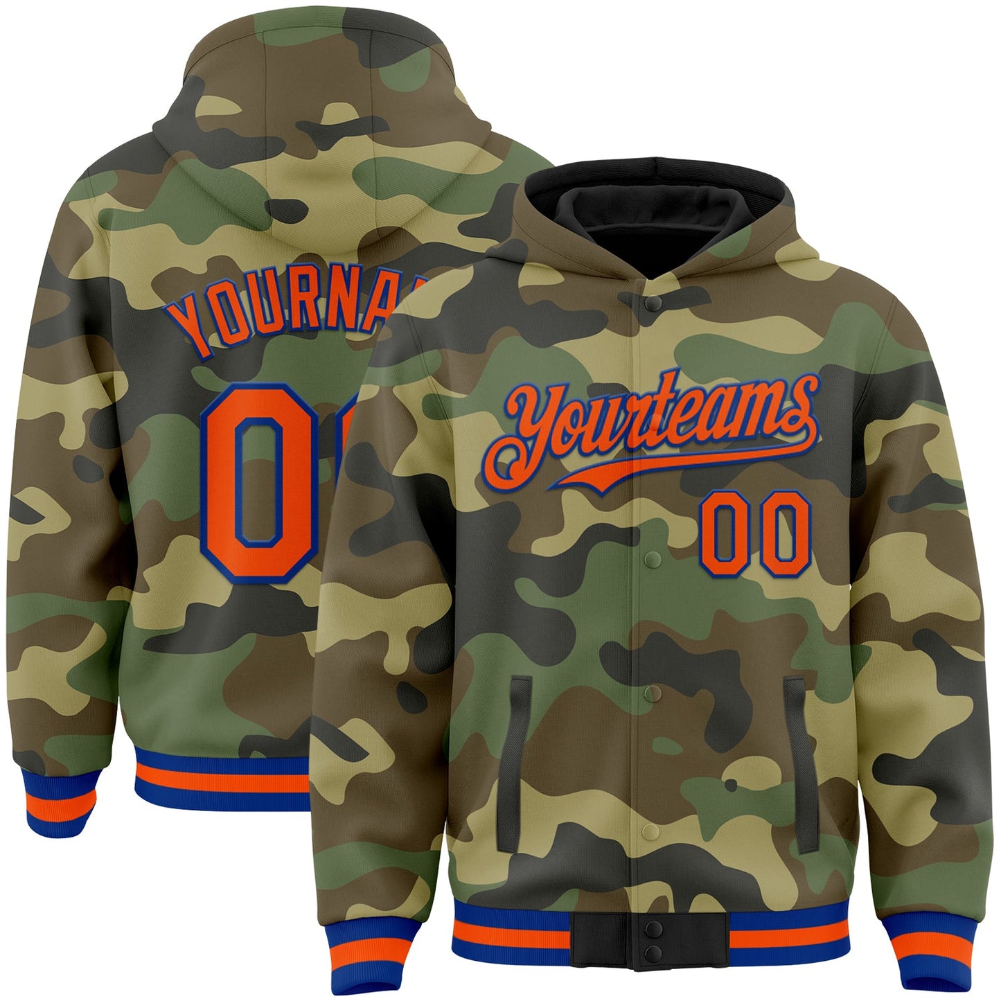 Custom Camo Orange-Royal Bomber Full-Snap Varsity Letterman Salute To Service Hoodie Jacket - Main View