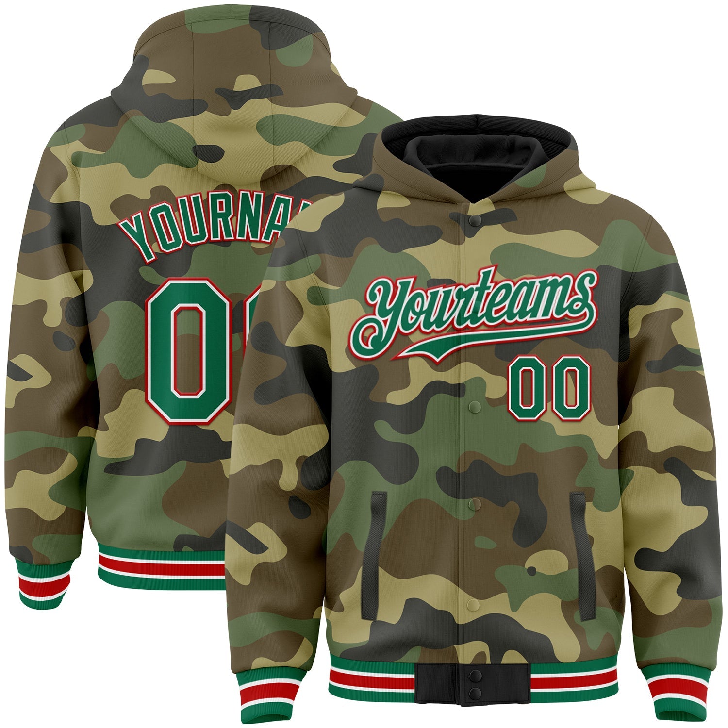 Custom Camo Kelly Green-Red Bomber Full-Snap Varsity Letterman Salute To Service Hoodie Jacket - Main View