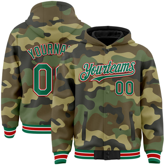Custom Camo Kelly Green-Red Bomber Full-Snap Varsity Letterman Salute To Service Hoodie Jacket - Main View