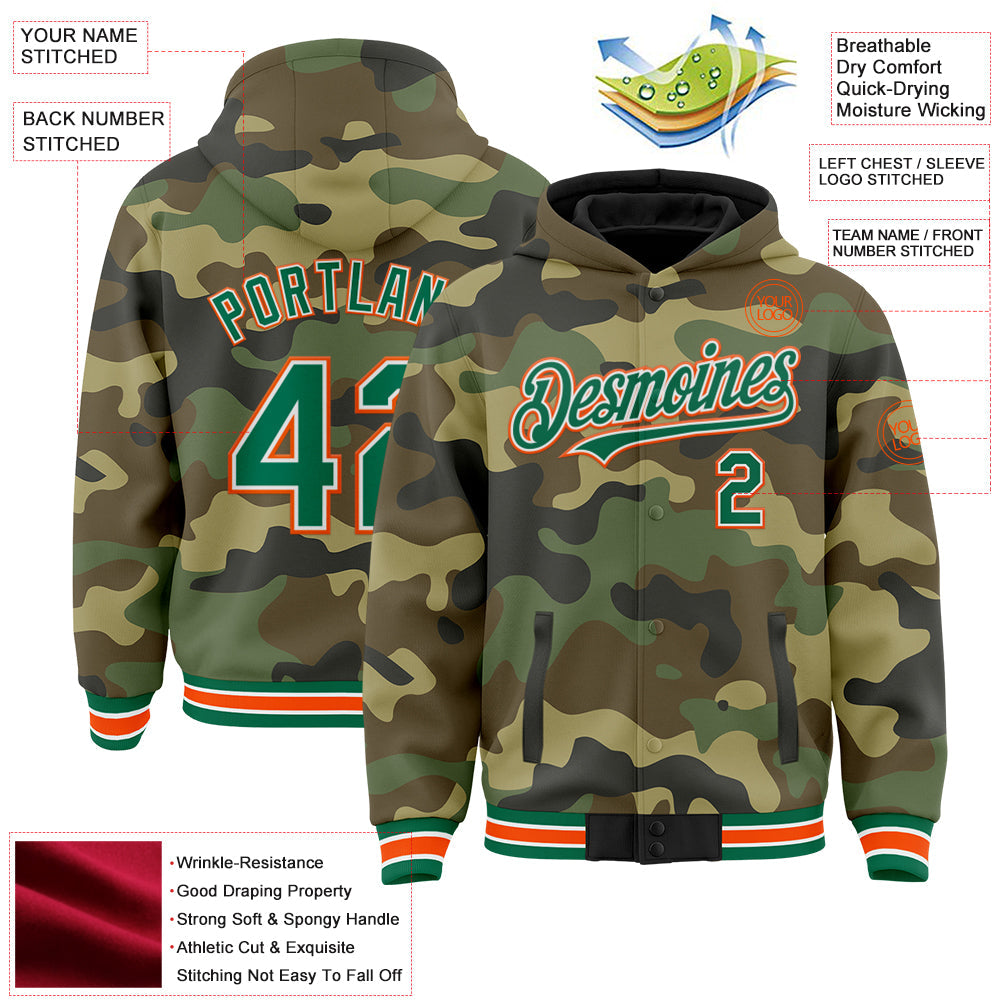 Custom Camo Kelly Green-Orange Bomber Full-Snap Varsity Letterman Salute To Service Hoodie Jacket view 3