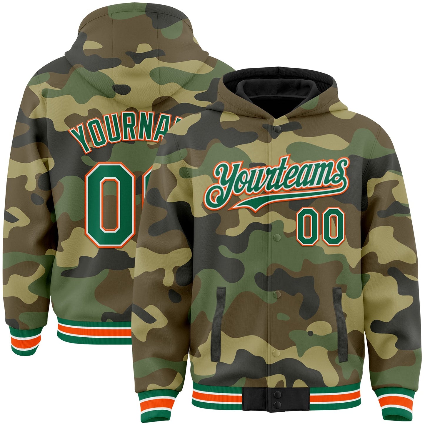 Custom Camo Kelly Green-Orange Bomber Full-Snap Varsity Letterman Salute To Service Hoodie Jacket - Main View