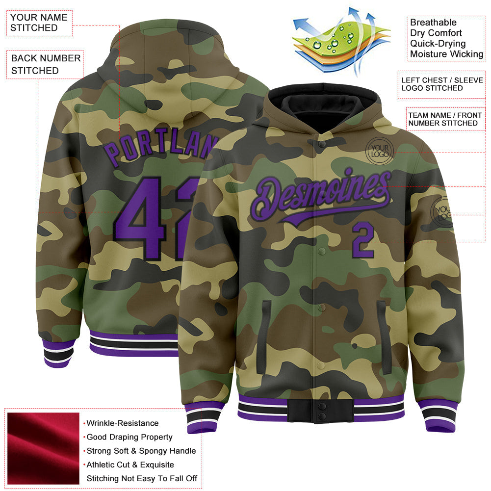 Custom Camo Purple-Black Bomber Full-Snap Varsity Letterman Salute To Service Hoodie Jacket view 3