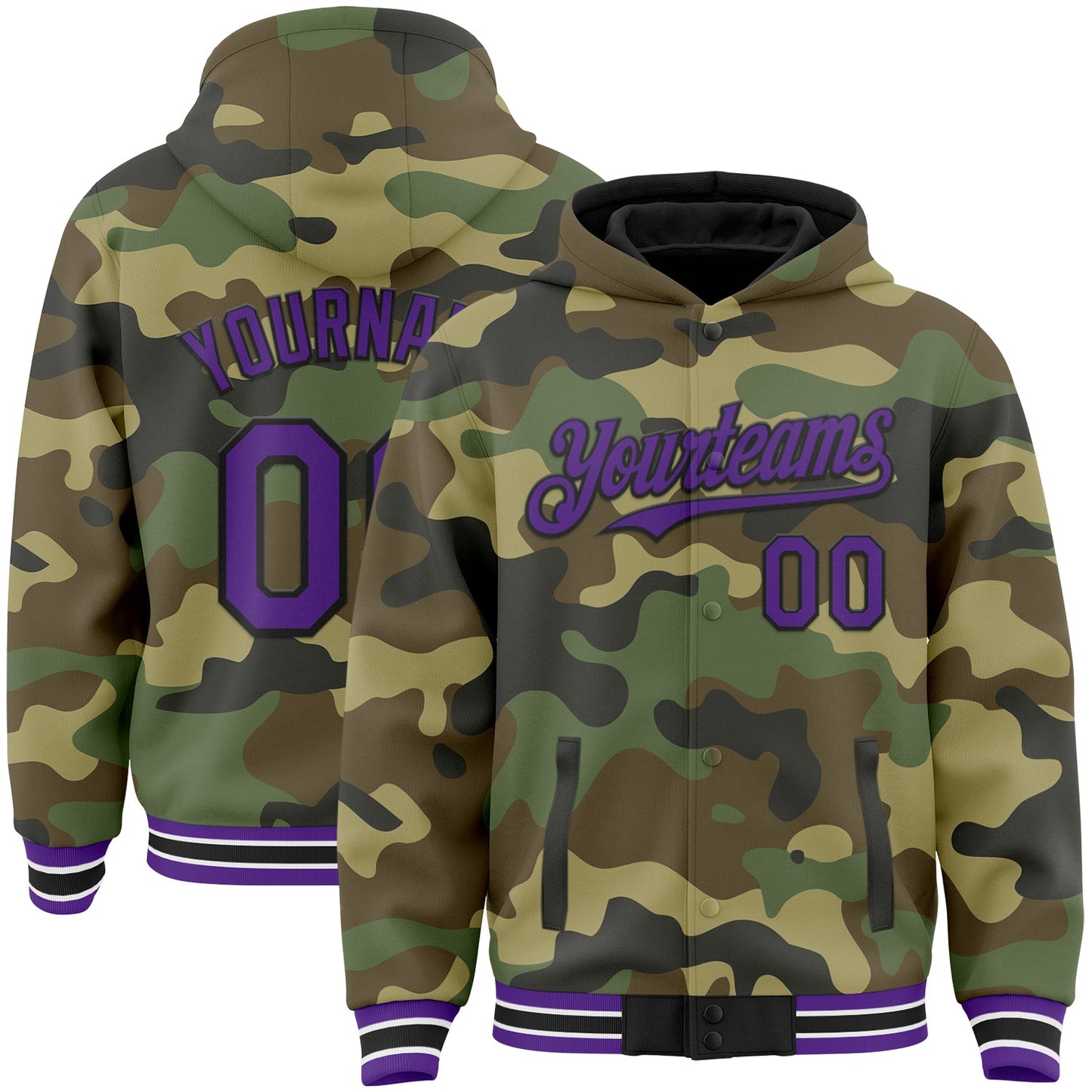 Custom Camo Purple-Black Bomber Full-Snap Varsity Letterman Salute To Service Hoodie Jacket - Main View