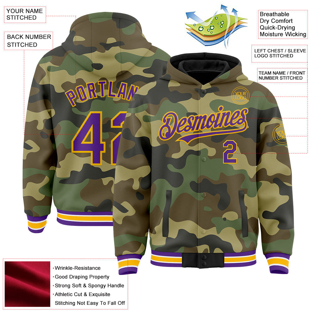Custom Camo Purple-Gold Bomber Full-Snap Varsity Letterman Salute To Service Hoodie Jacket view 3