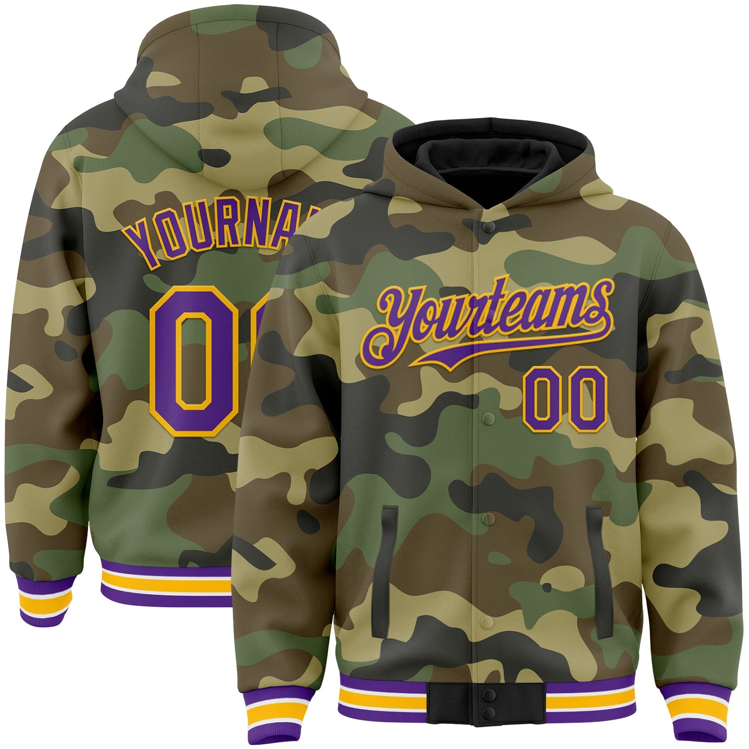 Custom Camo Purple-Gold Bomber Full-Snap Varsity Letterman Salute To Service Hoodie Jacket - Main View