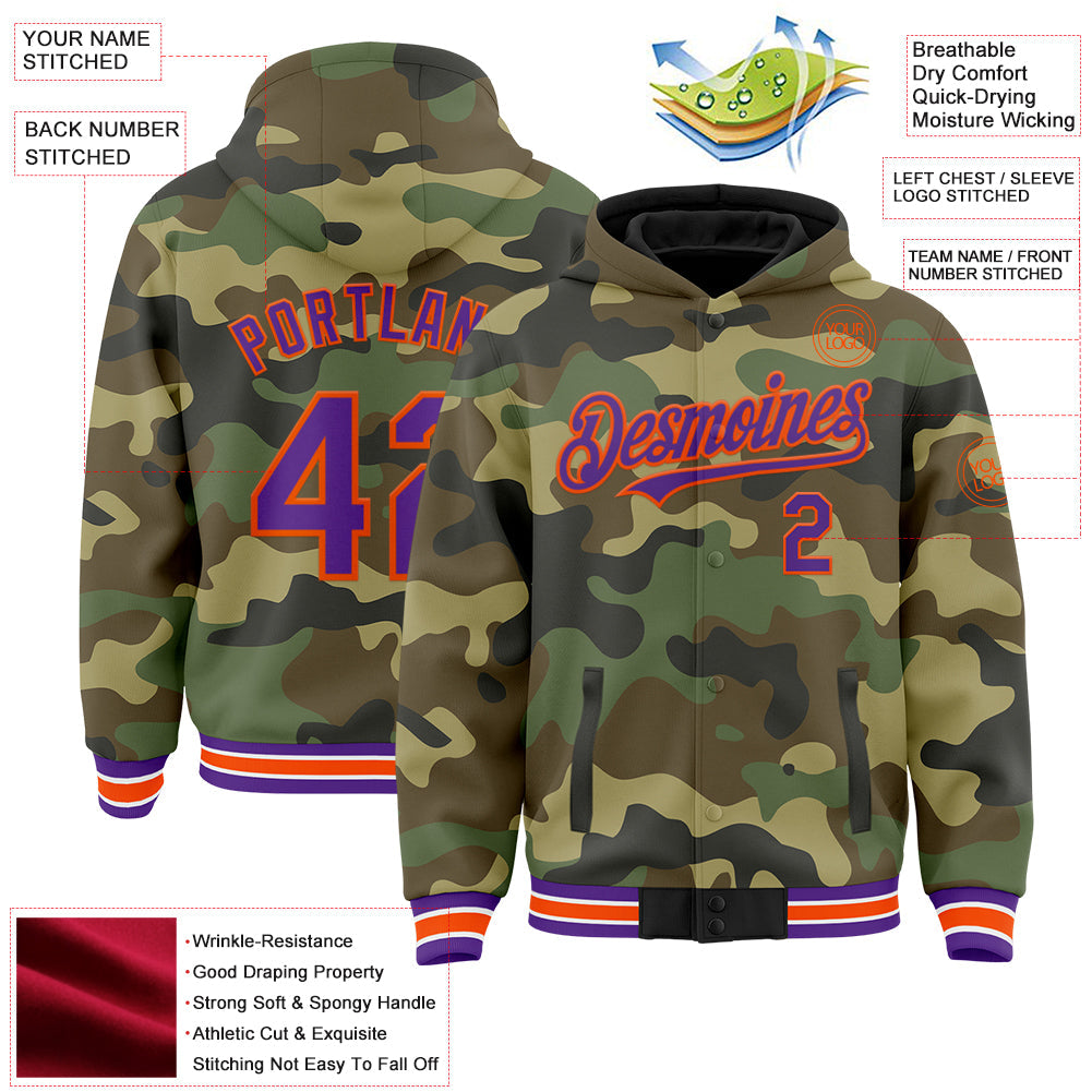 Custom Camo Purple-Orange Bomber Full-Snap Varsity Letterman Salute To Service Hoodie Jacket view 3