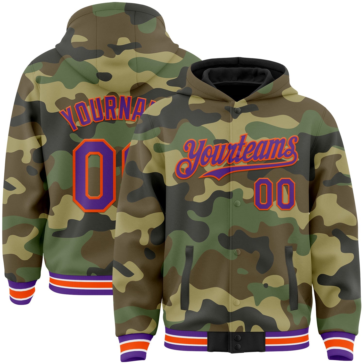 Custom Camo Purple-Orange Bomber Full-Snap Varsity Letterman Salute To Service Hoodie Jacket - Main View