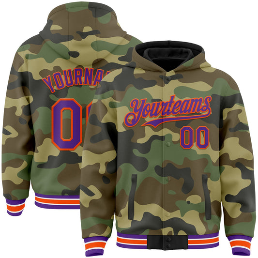 Custom Camo Purple-Orange Bomber Full-Snap Varsity Letterman Salute To Service Hoodie Jacket - Main View