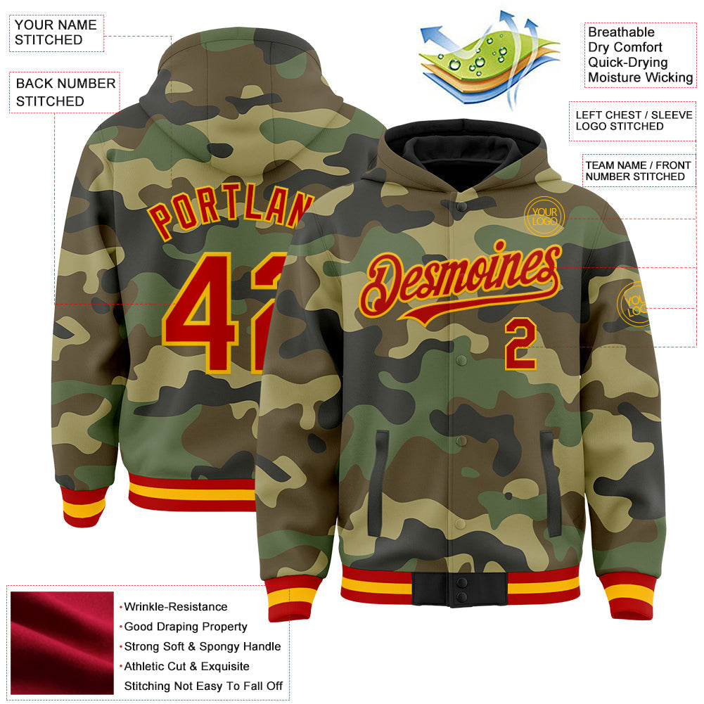 Custom Camo Red-Gold Bomber Full-Snap Varsity Letterman Salute To Service Hoodie Jacket view 3