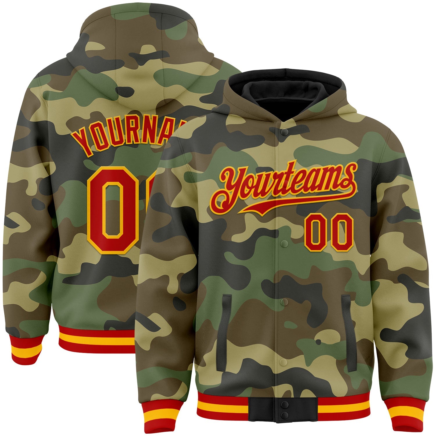 Custom Camo Red-Gold Bomber Full-Snap Varsity Letterman Salute To Service Hoodie Jacket - Main View